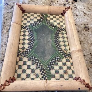 Vintage MC bamboo and wood serving platter. Normal wear. Leather binding.